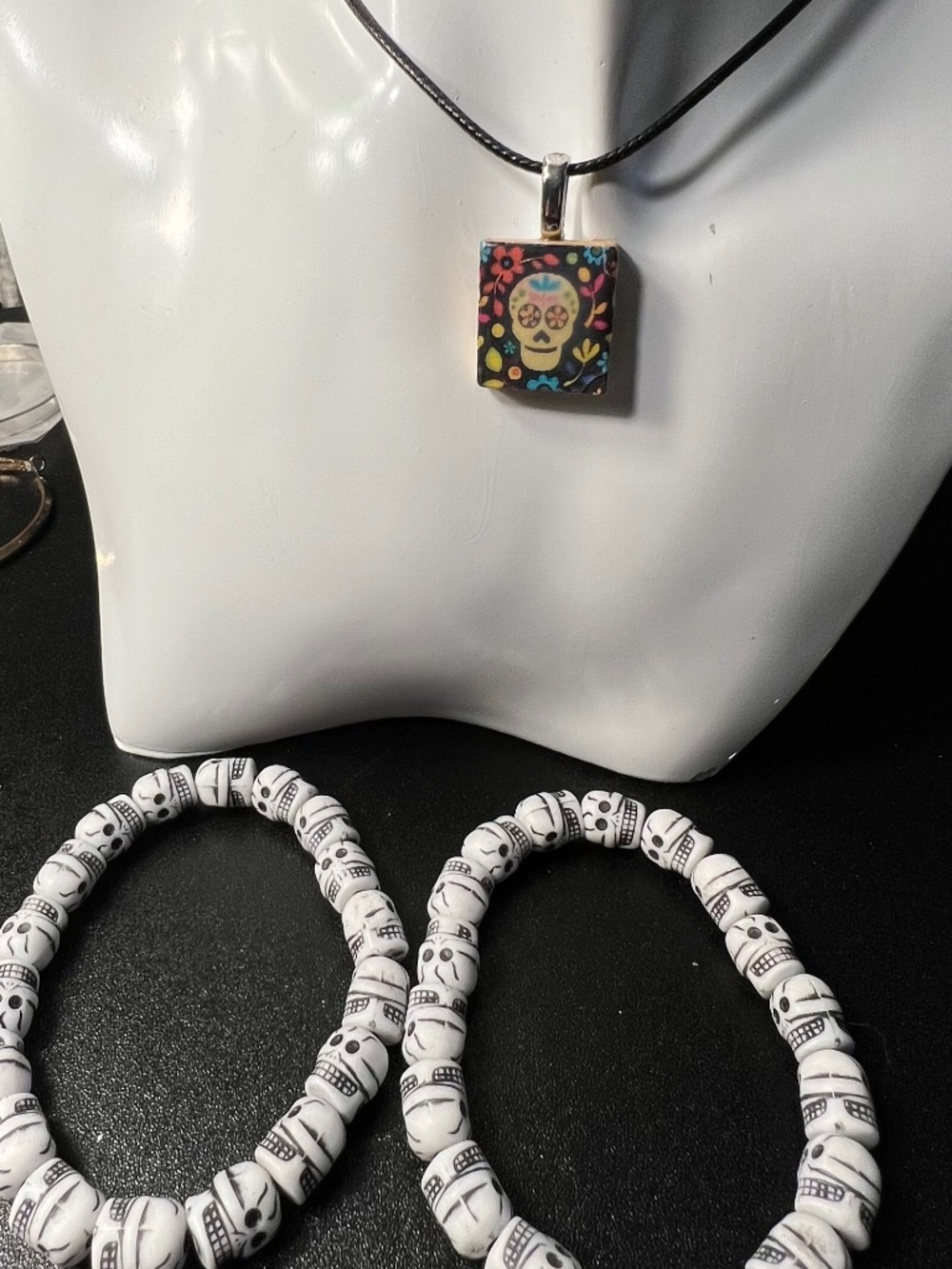 Double Skull Goth Dia De Los Mertos Stretch Bracelets Handpainted Cord Necklace